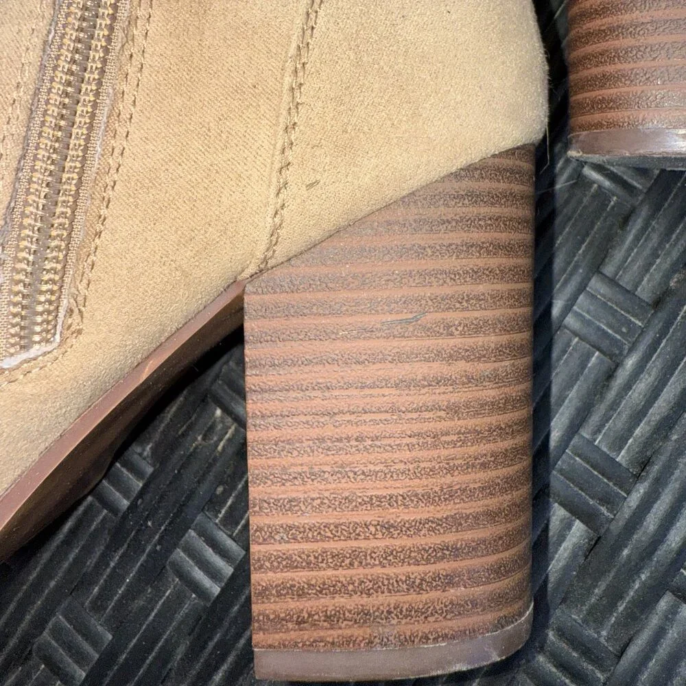 Tan High Heel Ankle Boots Booties Suede Fur Trim Women Size 7 - Picture 10 of 11